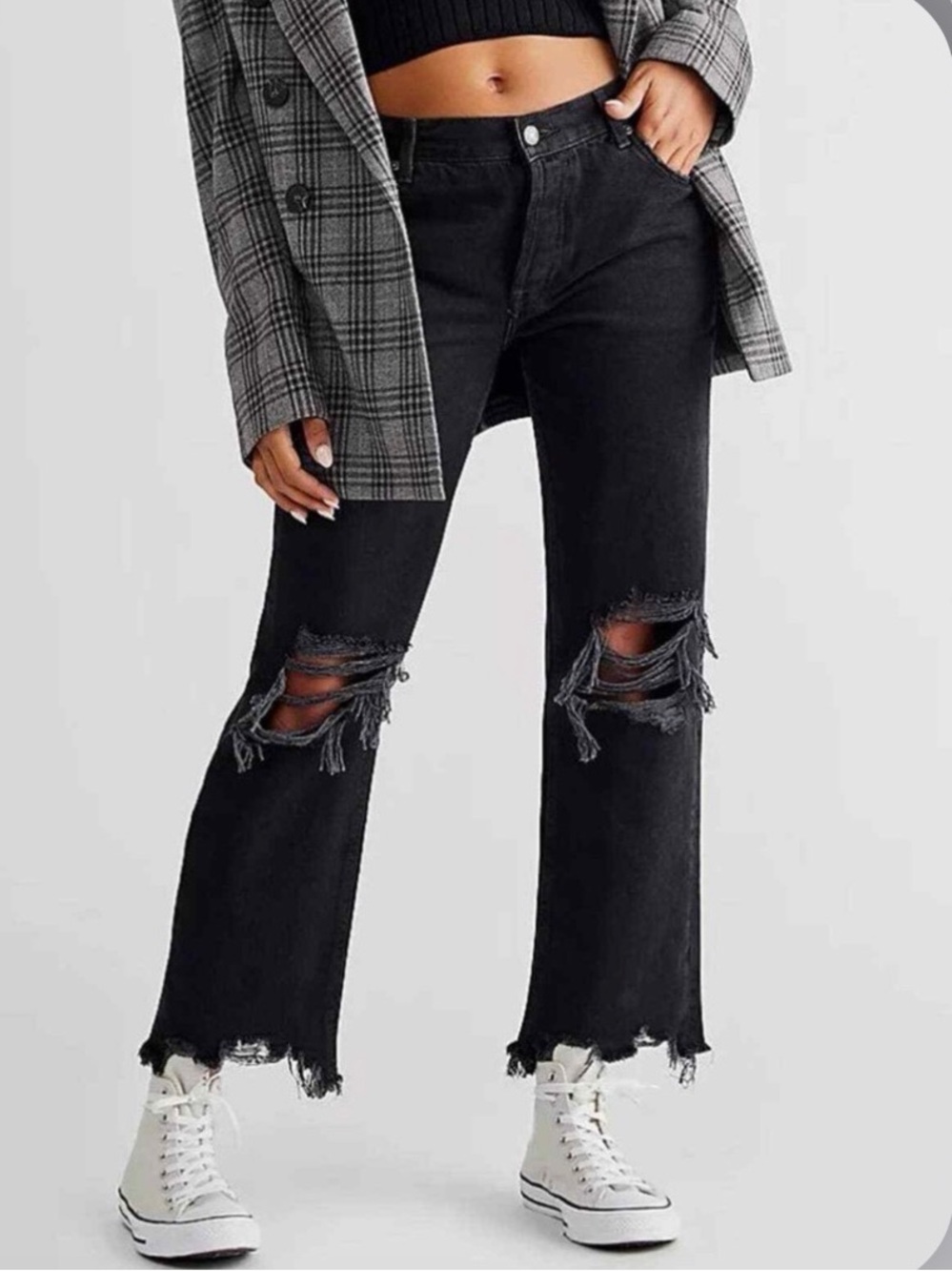 We The Free People Jeans Womens 28 Black Maggie Straight Distressed New Tags
